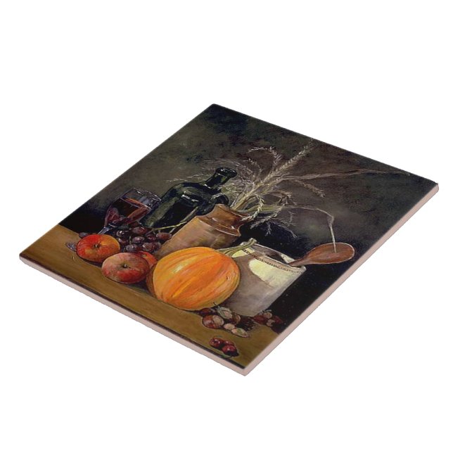 Autumn Decorations on Table, Pumpkin, Fruit, Drink Tile (Side)