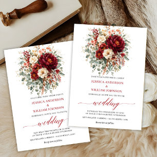 Autumn Deep Red Floral Boho Eucalyptus Wedding Invitation