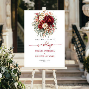 Autumn Deep Red Floral Boho Eucalyptus Welcome Poster