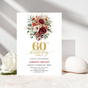 Autumn Deep Red Gold Floral 60th Birthday Invite