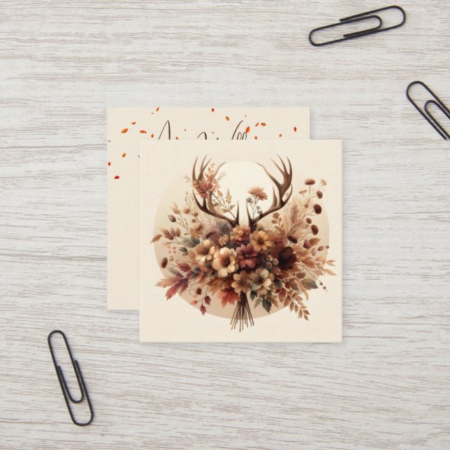 Autumn Deer Antlers Floral Bouquet Square Business Card (Front/Back In Situ)