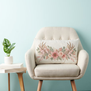 Autumn Deer Antlers with Pink Roses Lumbar Pillow