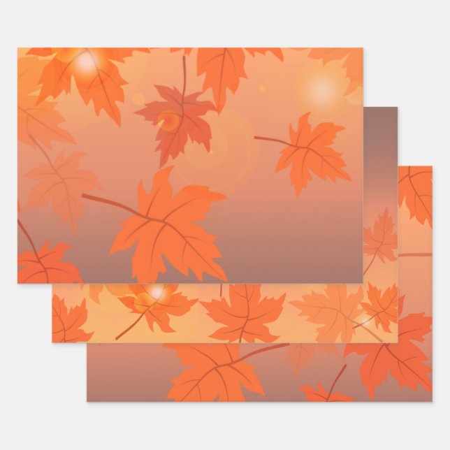 Autumn design with maple leaves and bokeh effect  wrapping paper sheet (Set)