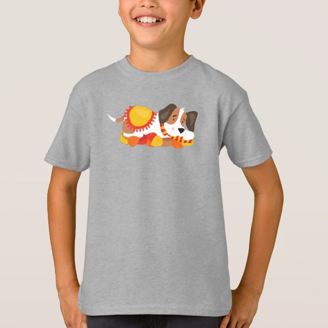 Autumn Dog, Cute Dog, Sleeping Dog, Autumn Leaves T-Shirt (Front)