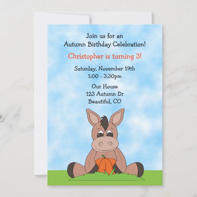 Autumn Donkey Birthday Invitation for Boys (Front)