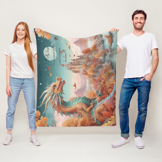Autumn Dragon River Castle Starry Night Text Fleece Blanket (In Situ)
