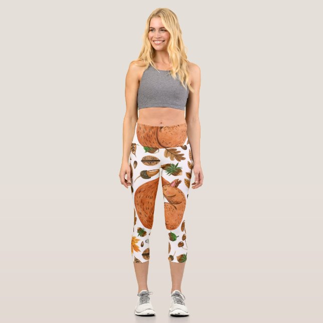 Autumn Dreams: Watercolor Squirrel Haven Capri Leggings (Front)
