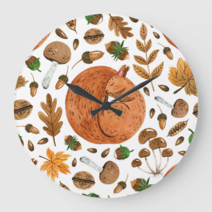 Autumn Dreams: Watercolor Squirrel Haven Large Clock