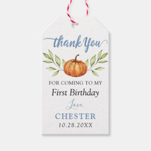 Autumn Dusty Blue Pumpkin Fall Birthday Thank You Gift Tags