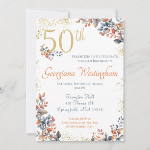 Autumn Elegance 50th Birthday Glitter Invitation