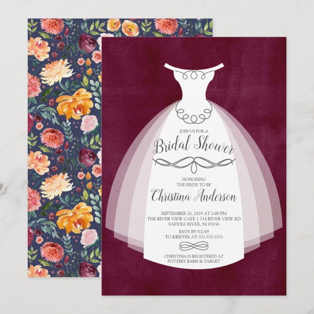 Autumn Elegance Bride Gown Bridal Shower Invitation (Front/Back)