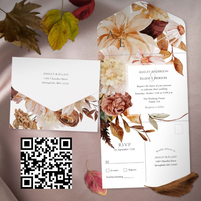 Autumn Elegance, Fall wedding All In One Invitation (All-in-one Fall wedding invitation with postcard rsvp, Seal and send Floral Autumn wedding invites.
)
