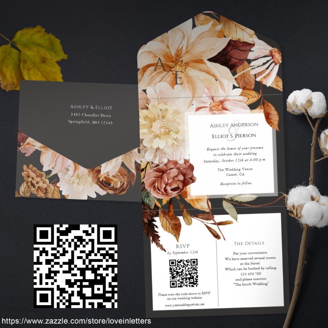 Autumn Elegance, fall wedding invite with QR rsvp (All-in-one Fall wedding invitation with QR code rsvp and details card. Autumn wedding invitations)
