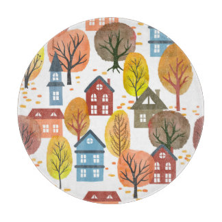 Autumn Elegance: Watercolor City and Trees Cutting Board