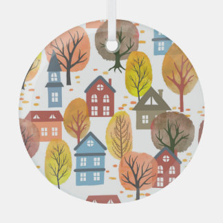 Autumn Elegance: Watercolor City and Trees Glass Ornament