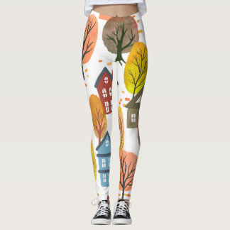 Autumn Elegance: Watercolor City and Trees Leggings