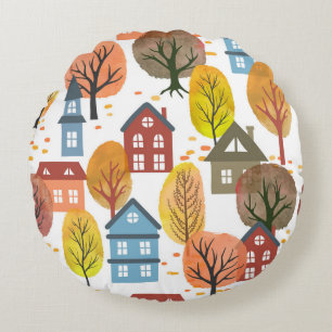 Autumn Elegance: Watercolor City and Trees Round Pillow
