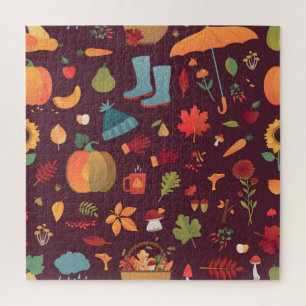 Autumn elements, dark background, vintage jigsaw puzzle