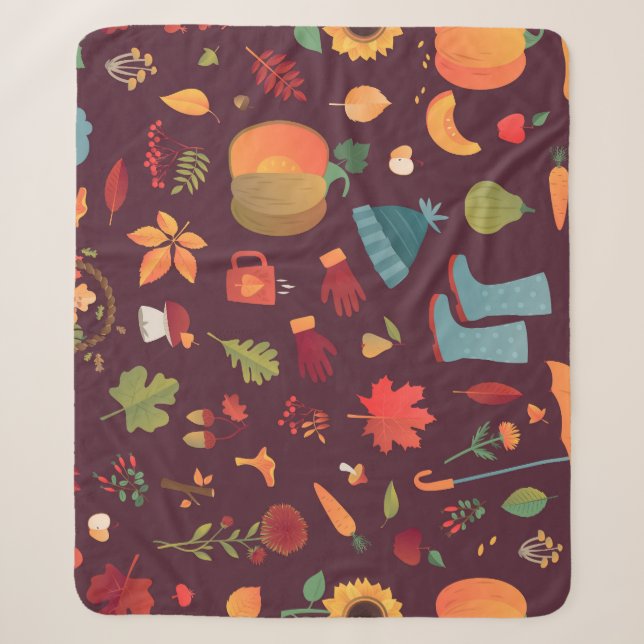 Autumn elements, dark background, vintage sherpa blanket (Front)