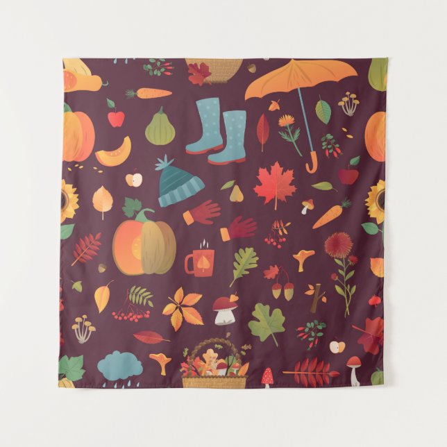 Autumn elements, dark background, vintage tapestry (Front)