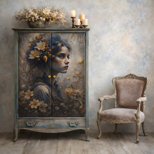Autumn Enchantress Floral Gold Blue Decoupage Tissue Paper