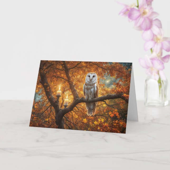 Autumn Equinox Beautiful Owl Candles and Fall  Card (Orchid)