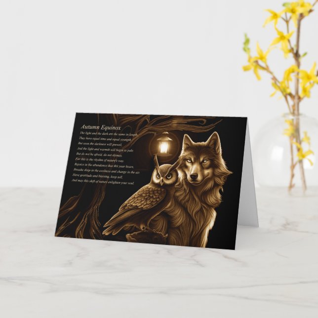 Autumn Equinox Blessing Owl and Wolf Card (Yellow Flower)