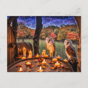 Autumn Equinox with Two Owls Candles Barrels Holiday Postcard