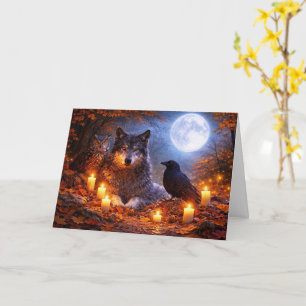 Autumn Equinox Wolf Owl Raven Moon and Candles  Card