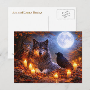 Autumn Equinox Wolf Owl Raven Moon Postcard