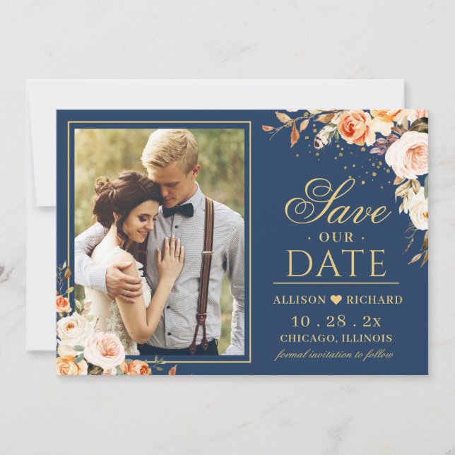 Autumn Evening Wedding Gold Orange Floral Photo Save The Date (Front)