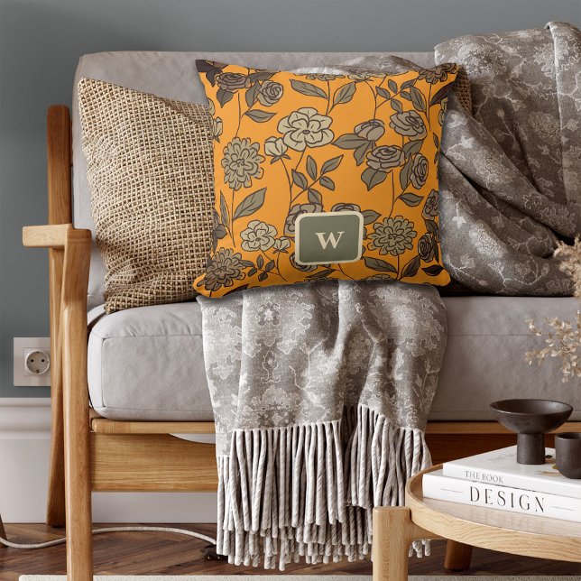 Autumn Exotic Flowers Customize Monogram Throw Pillow (Creator Uploaded)