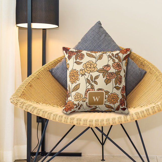Autumn Exotic Flowers Customize Monogram Throw Pillow (Creator Uploaded)