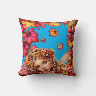 Autumn Fairy Portrait with Maple Leaves Frame Throw Pillow