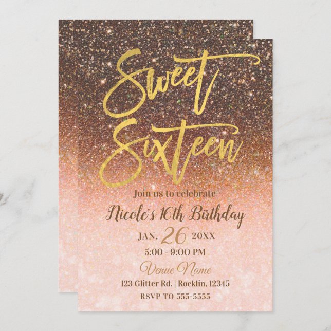 Autumn Fairy Tale Fall Glitter Gold Foil Sweet 16 Invitation (Front/Back)