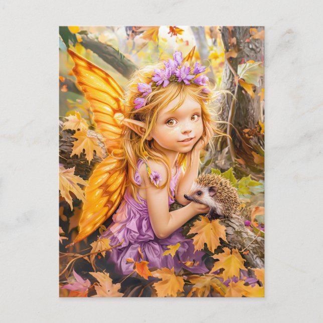 Autumn Fairy with Hedgehog Friend Postcard (Front)