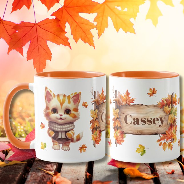 Autumn Fall Animal Adorable Cat Personalized Mug (Creator Uploaded)