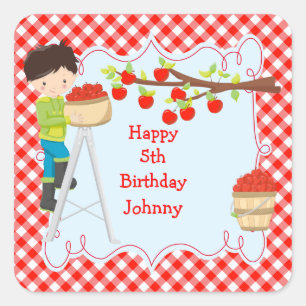 Autumn Fall Apple Picking Black Hair Boy Birthday Square Sticker