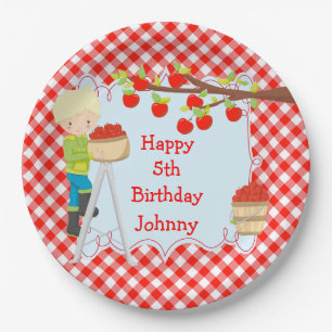Autumn Fall Apple Picking Blonde Boy Birthday Paper Plate