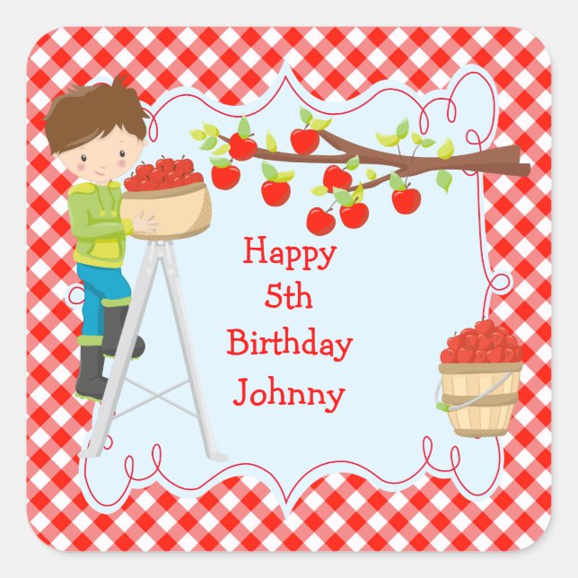 Autumn Fall Apple Picking Brunette Boy Birthday Square Sticker (Front)