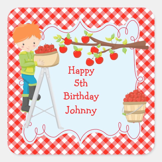 Autumn Fall Apple Picking Red Hair Boy Birthday Square Sticker (Front)