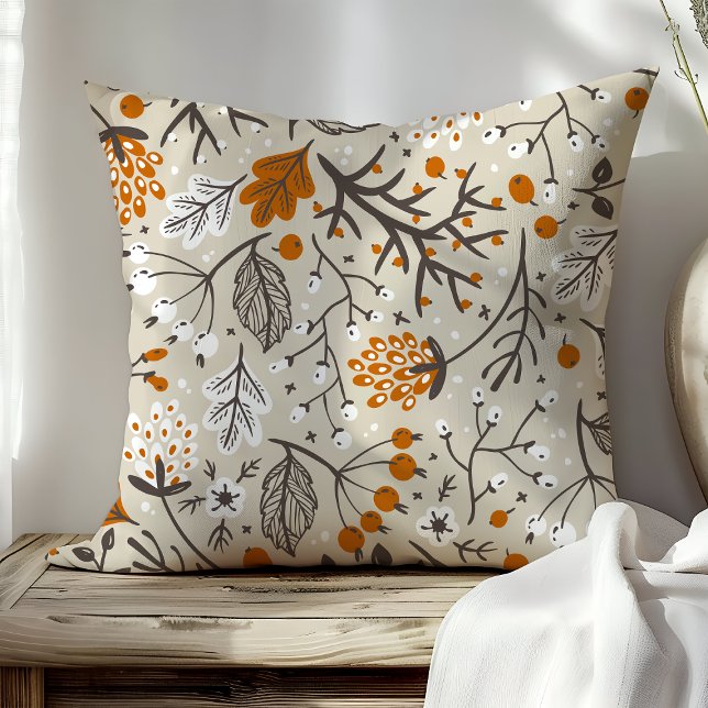 Autumn Fall Berries Leaves and Branches Pattern Throw Pillow (Creator Uploaded)