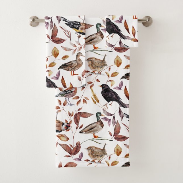 Autumn Fall Birds Pattern Bath Towel Set (Insitu)