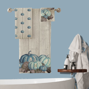 Autumn Fall Blue Pumpkin Rustic Cute Gray Wood Bath Towel Set