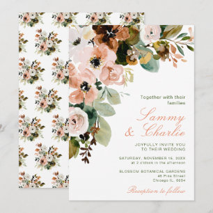 Autumn Fall Blush Pink Flowers and Foliage Wedding Invitation