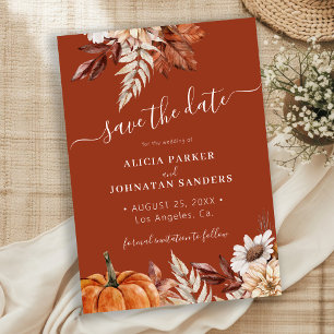 Autumn fall boho foliage terracotta wedding save the date