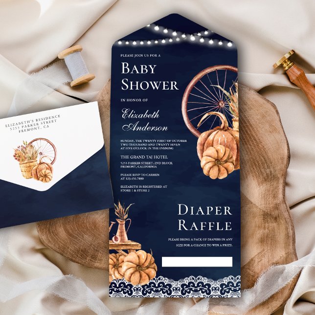Autumn Fall Boho Pumpkin Navy Blue Baby Shower All In One Invitation (Creator Uploaded)