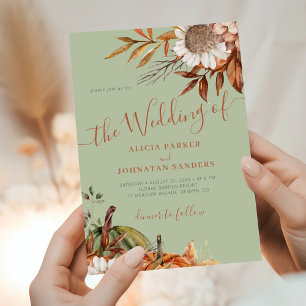 Autumn fall botanical sage green QR code wedding Invitation