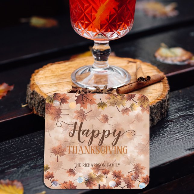 Autumn Fall Brown Leaves Happy Thanksgiving Square Paper Coaster (Creator Uploaded)