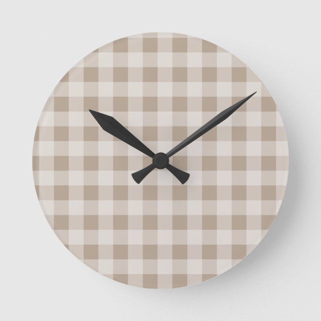 Autumn Fall  Brown Taupe Plaid Pattern Round Clock (Front)
